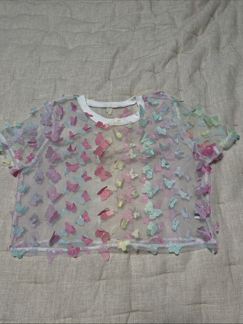 SHEIN White Sheer Crop Top with Pastel Butterfly Appliqués